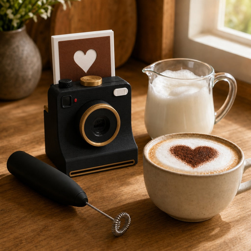 Cámara de latte art Lattepic negra con espumador de leche